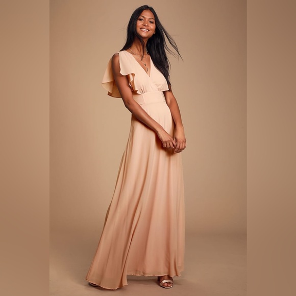 Lulus Dresses & Skirts - Lulu’s Dearly Loved Blush Pink Flutter Sleeve Maxi Dress Bridesmaids